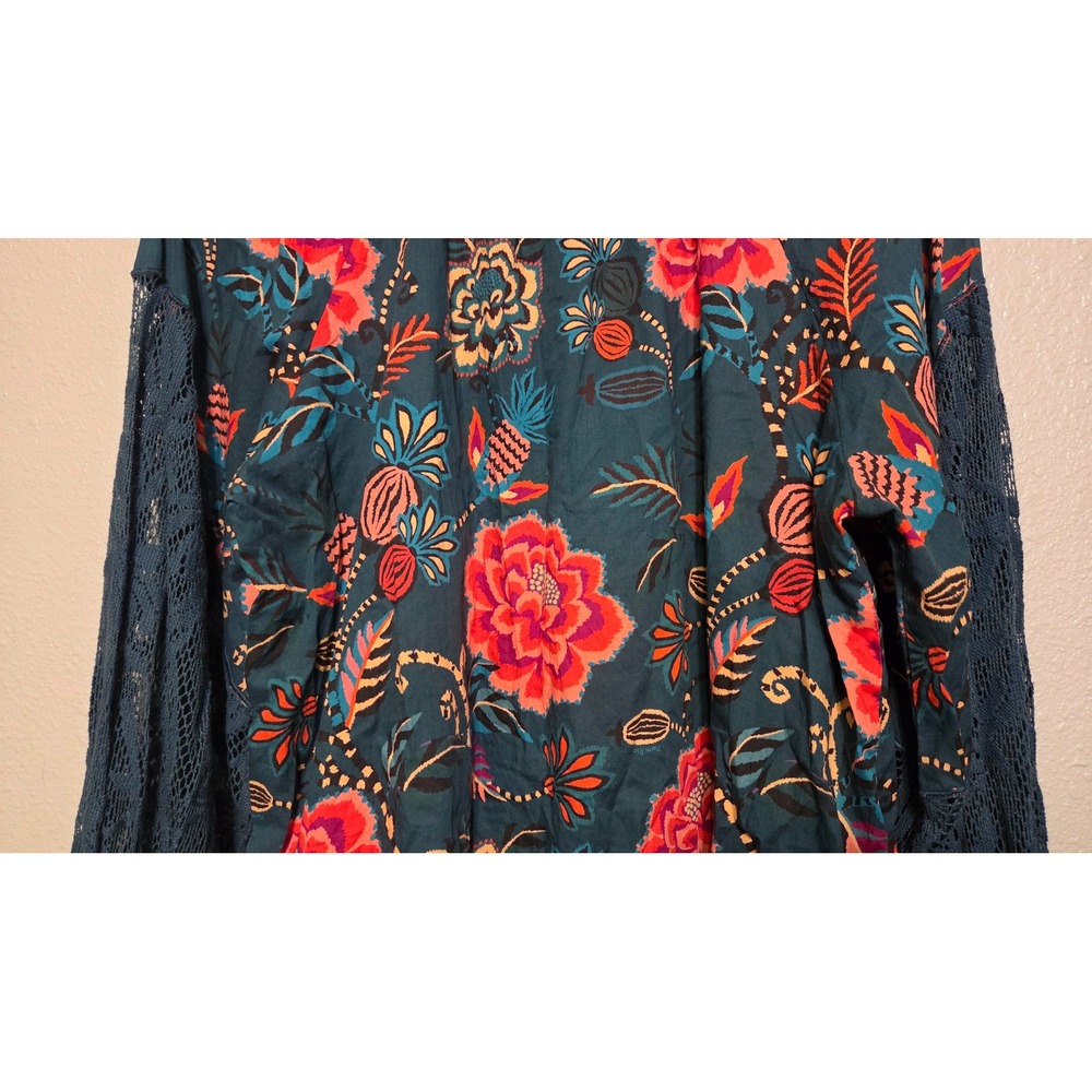 Farm Rio Anthropologie Floral Blouse Lrg Teal Lace Sleeve Boho Romantic Peasant - Picture 13 of 16